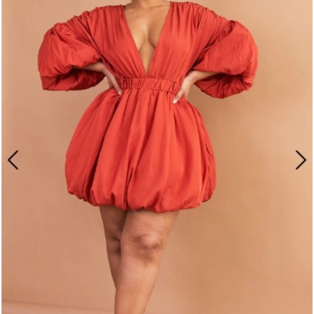 Plus Rust Puff Sleeve Puffball Hem Dress Size 3X()